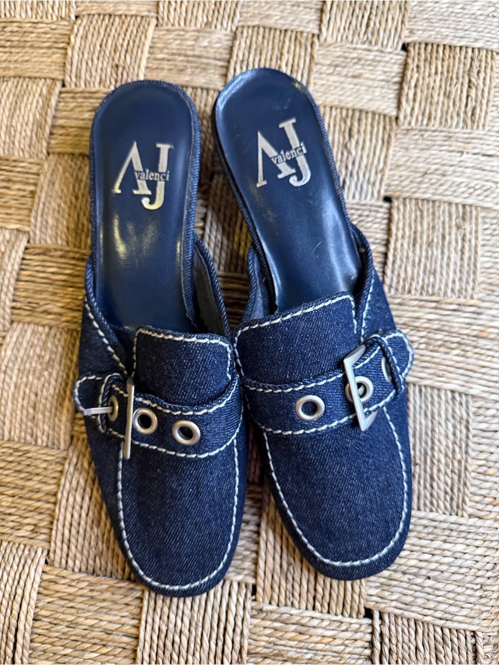 AJ Valenci Dark Navy Denim Buckle Mules